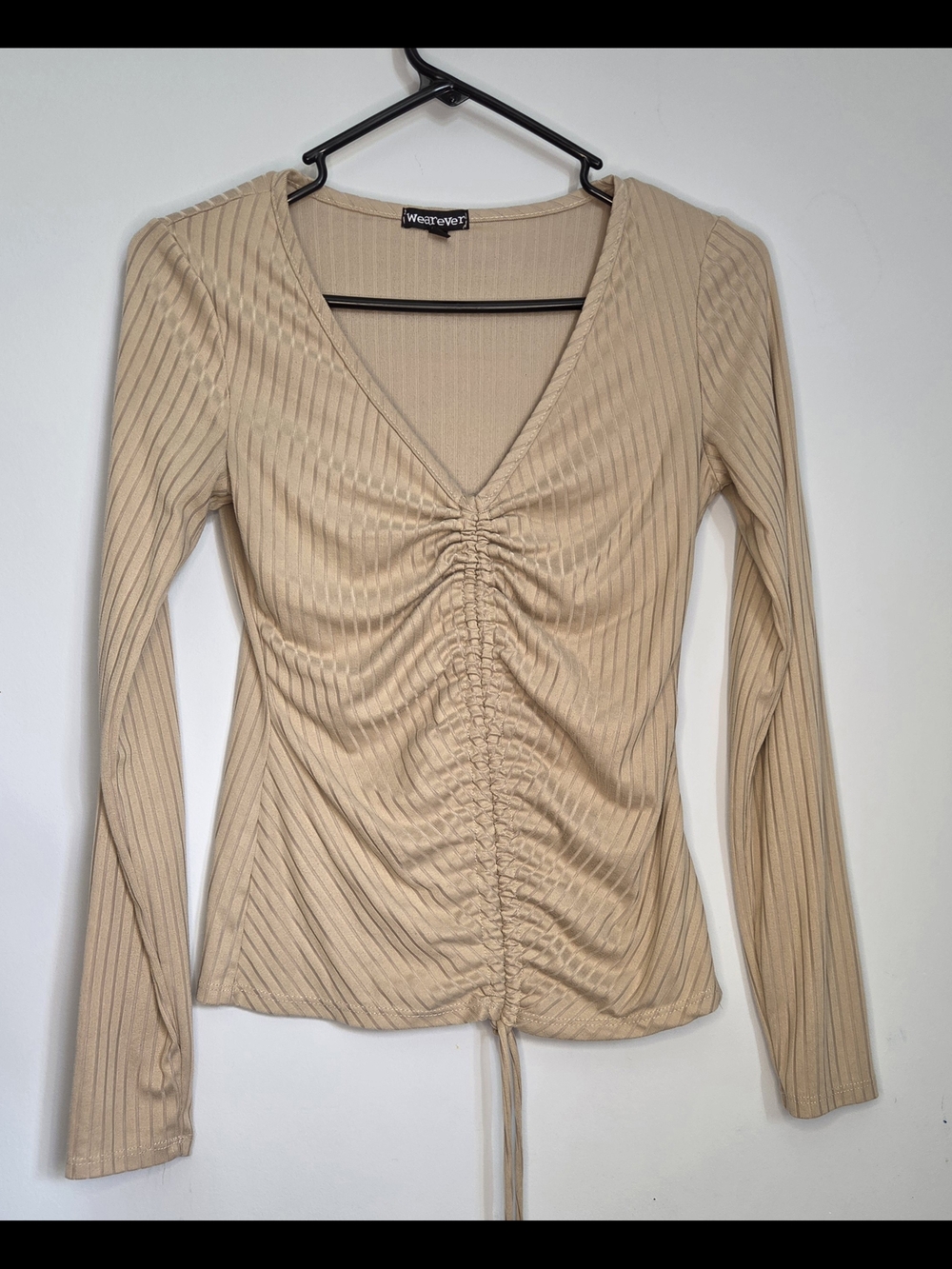 Wearever Beige Ruched V-Neck Long Sleeve Top